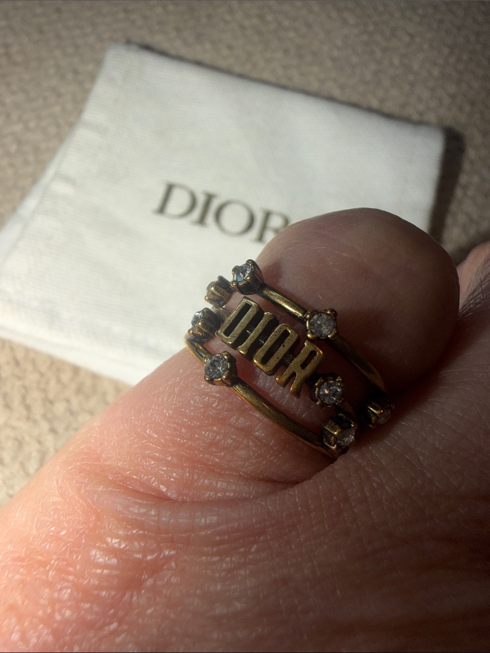 💯 authentic Dior Gold Logo Ring with Crystal Accents - Picture 3 of 8